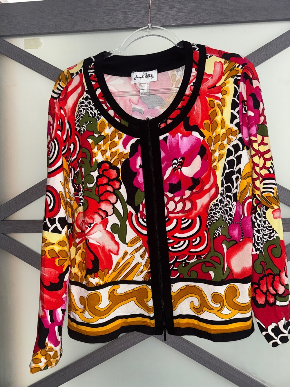 Joseph Ribkoff Multicolor Floral Zip Front Jacket Black Trim -size 18